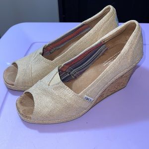 TOMS Beige Fabric Cork Wedge Peep Toe Sandals